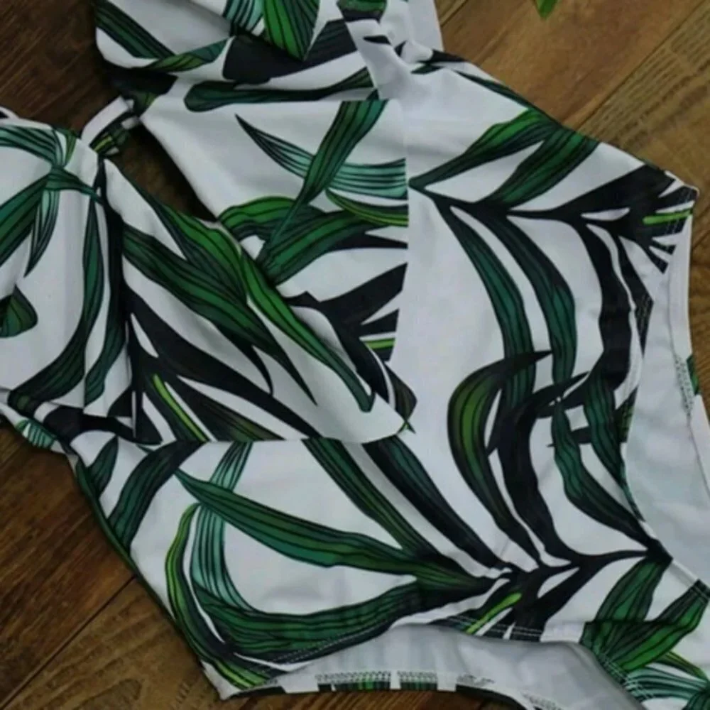 New Tropical Print Plunge Front One Piece Swimsuit